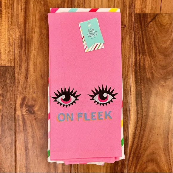 Kitchen Dish Towels 2 Piece Gift Set Pink "On Fleek" Multicolored Stripes New - Picture 4 of 8